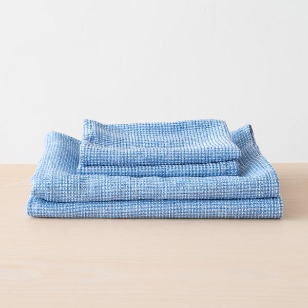linenme Blue Linen Cotton Bath Towels Set Wafer Washed