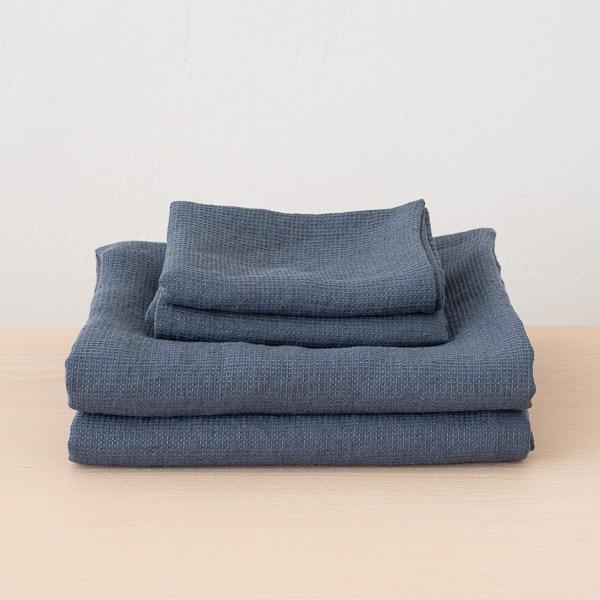 linenme Blue Linen Waffle Bath Towels and Hand Towels Washed