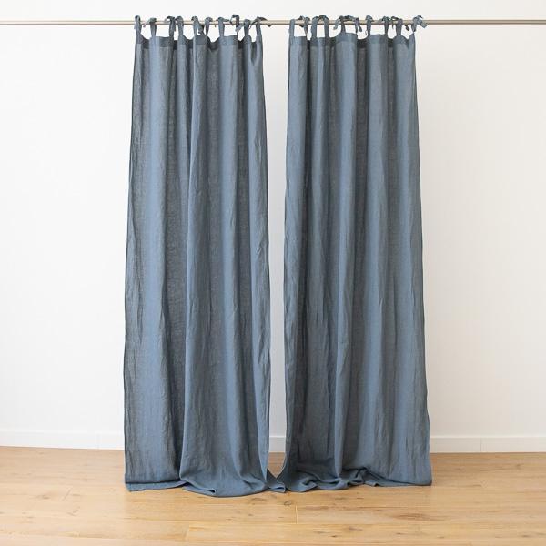 Linenme Blue Stone Washed Linen Curtain Panel With Ties
