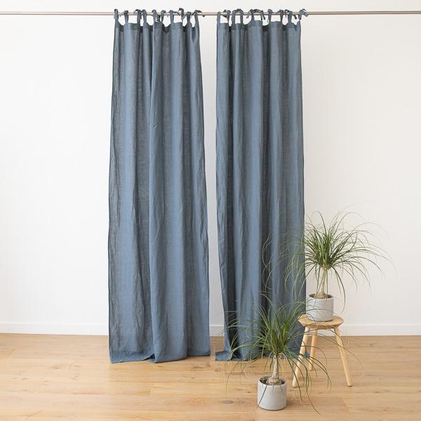 linenme Blue Stone Washed Linen Curtain Panel with Ties