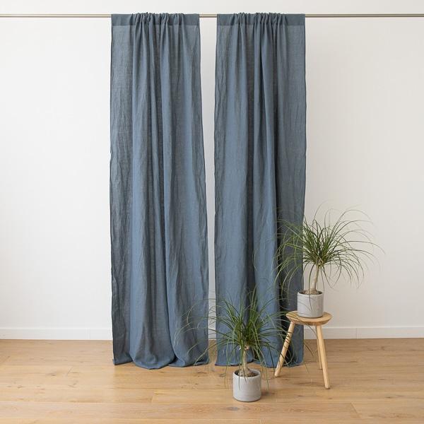 linenme Blue Stone Washed Rod Pocket Linen Curtain Panel