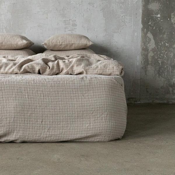linenme Brick Natural Check Washed Bed Linen Fitted Sheet