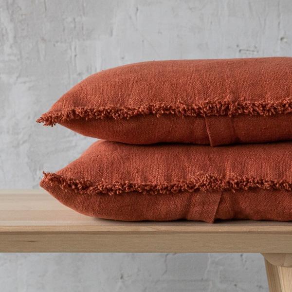 Linenme Brick Rustic Linen Cushion Cover With Fringes