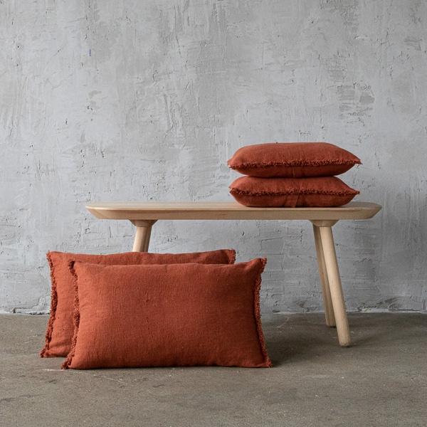 linenme Brick Rustic Linen Cushion Cover with Fringes