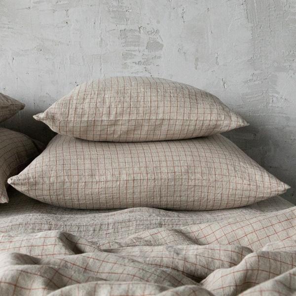 Linenme Check Natural Brick Washed Bed Linen Pillow Case