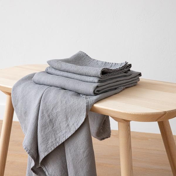 linenme Graphite Linen Bath and Hand Towels Set Washed Waffle