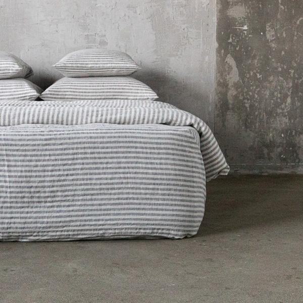 linenme Graphite Washed Bed Linen Deep Pocket Fitted Sheet Ticking Stripe