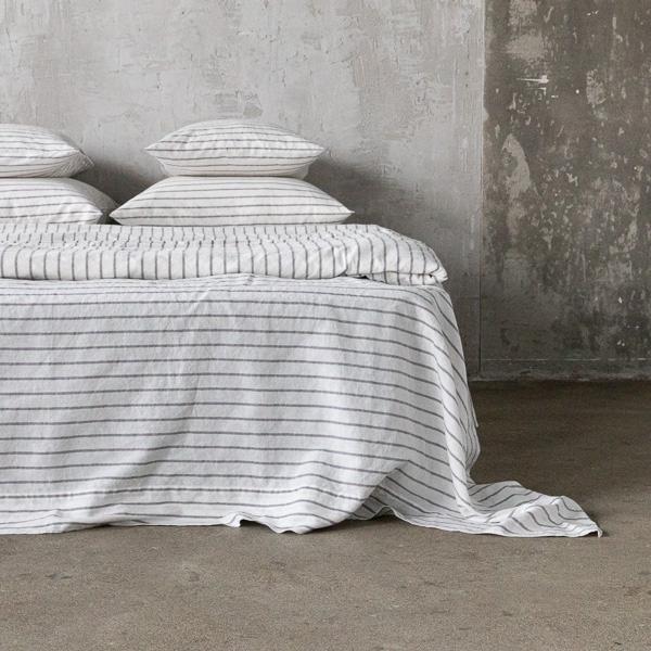 linenme Graphite Washed Bed Linen Flat Sheet Stripe