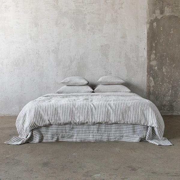 Linenme Graphite Washed Bed Linen Flat Sheet Ticking Stripe