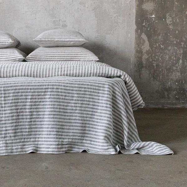 linenme Graphite Washed Bed Linen Flat Sheet Ticking Stripe
