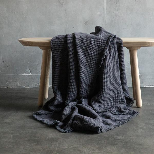 Linenme Grey Linen Throw With Fringes Washed Waffle