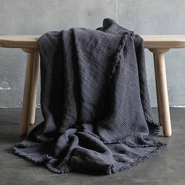 linenme Grey Linen Throw with Fringes Washed Waffle