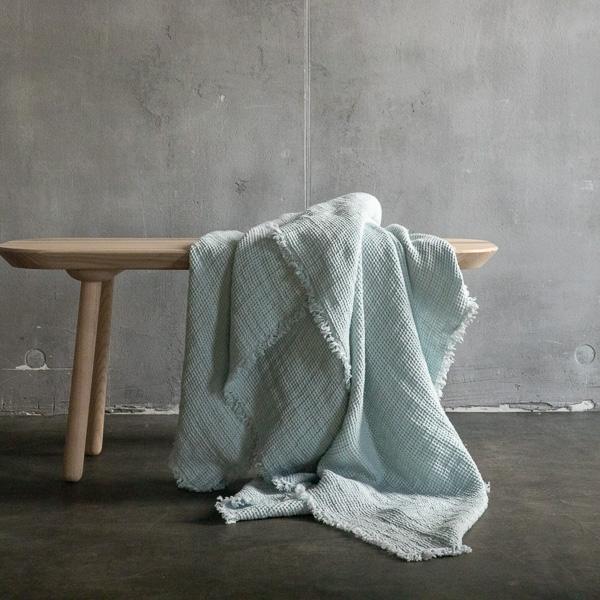 Linenme Ice Blue Linen Throw With Fringes Washed Waffle