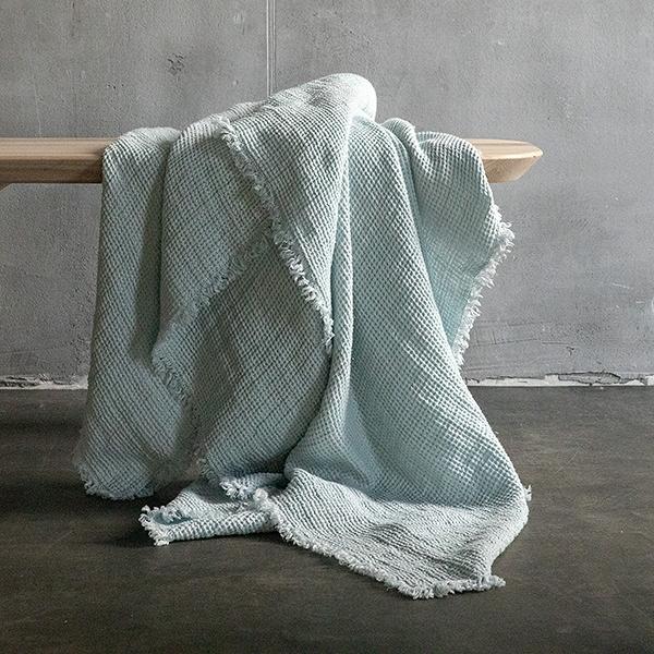 linenme Ice Blue Linen Throw with Fringes Washed Waffle