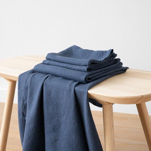 linenme Indigo Linen Bath Towels and Hand Towels Set Washed Waffle