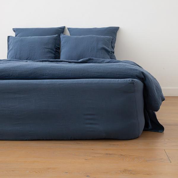 linenme Indigo Linen Deep Fitted Sheet Stone Washed