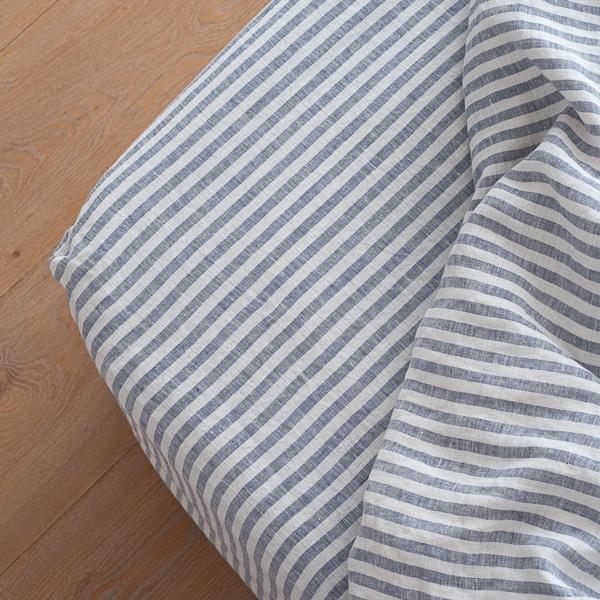Linenme Indigo Washed Bed Linen Deep Pocket Fitted Sheet Ticking Stripe