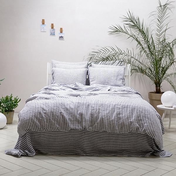 Linenme Indigo Washed Bed Linen Deep Pocket Fitted Sheet Ticking Stripe