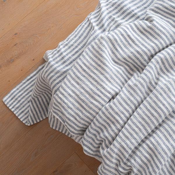 Linenme Indigo Washed Bed Linen Flat Sheet Ticking Stripe