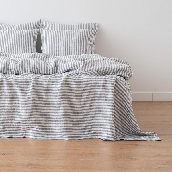 linenme Indigo Washed Bed Linen Flat Sheet Ticking Stripe