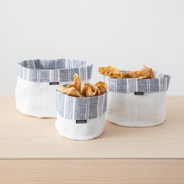 Linenme Indigo White Linen Cotton Basket Multistripe
