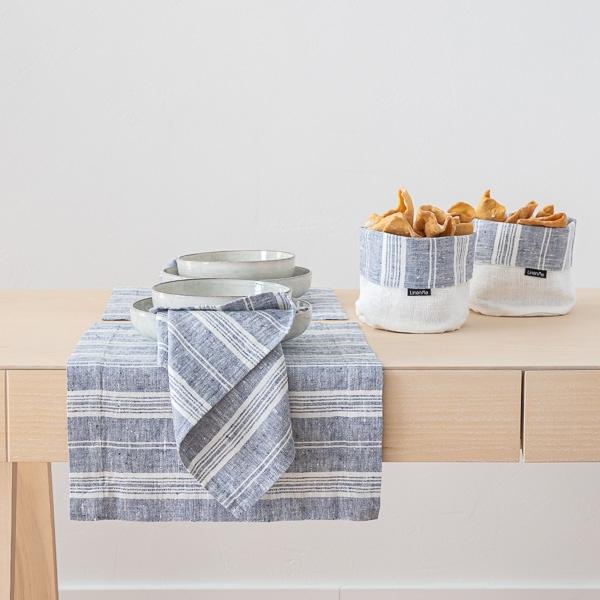 Linenme Indigo White Linen Cotton Basket Multistripe