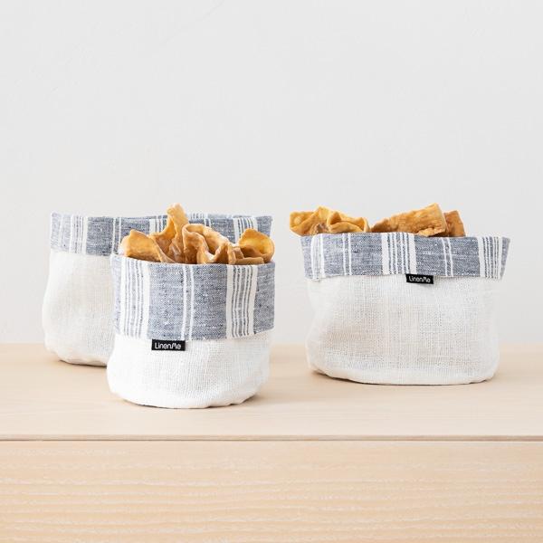 linenme Indigo White Linen Cotton Basket Multistripe