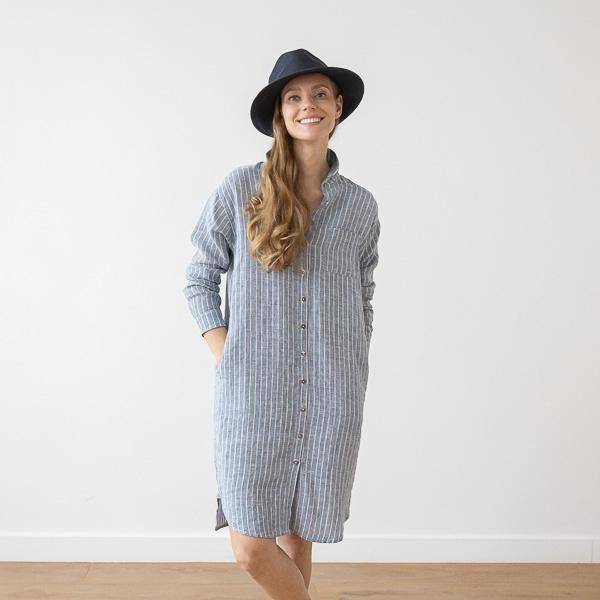 Linenme Large Stripe Linen Shirt Dress Light Blue Paula