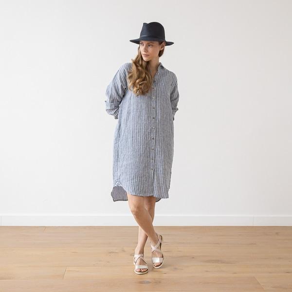 Linenme Large Stripe Linen Shirt Dress Light Blue Paula