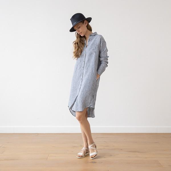 Linenme Large Stripe Linen Shirt Dress Light Blue Paula