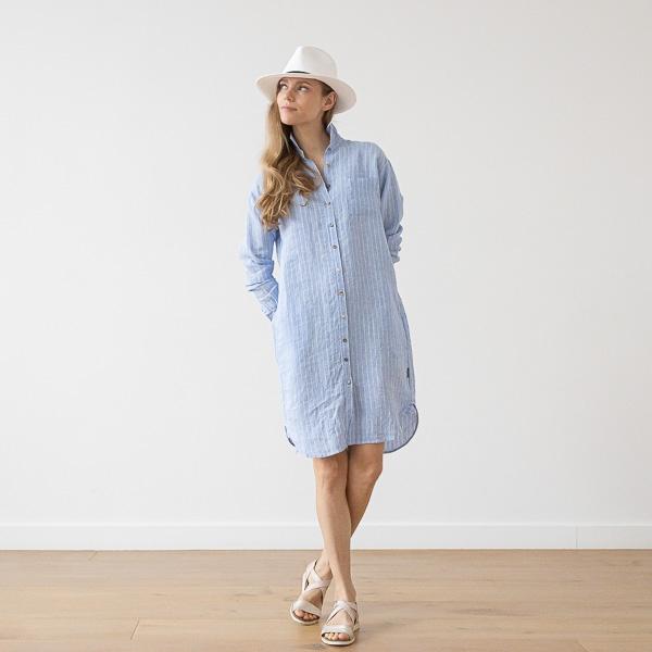 Linenme Large Stripe Linen Shirt Dress Light Blue Paula