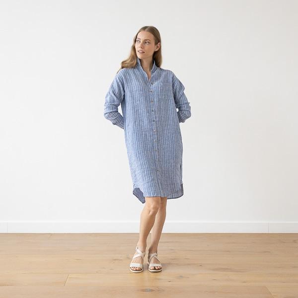 Linenme Large Stripe Linen Shirt Dress Light Blue Paula