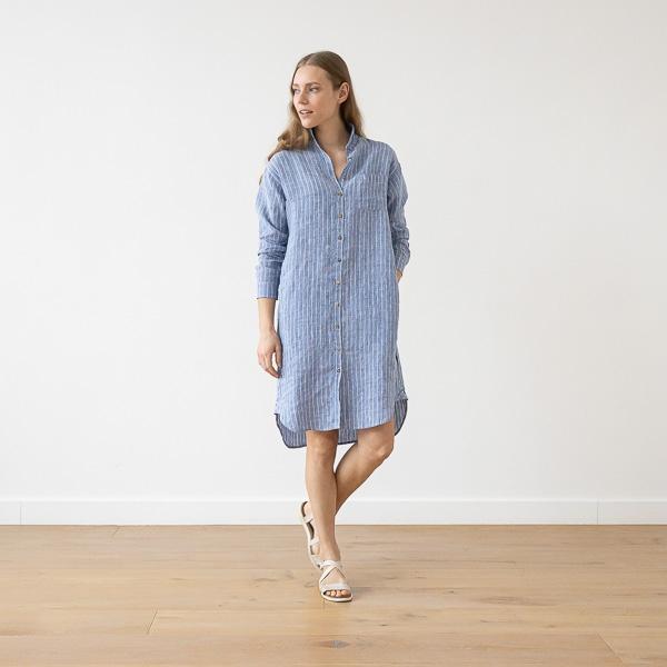 Linenme Large Stripe Linen Shirt Dress Light Blue Paula