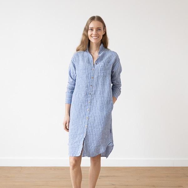 linenme Large Stripe Linen Shirt Dress Light Blue Paula