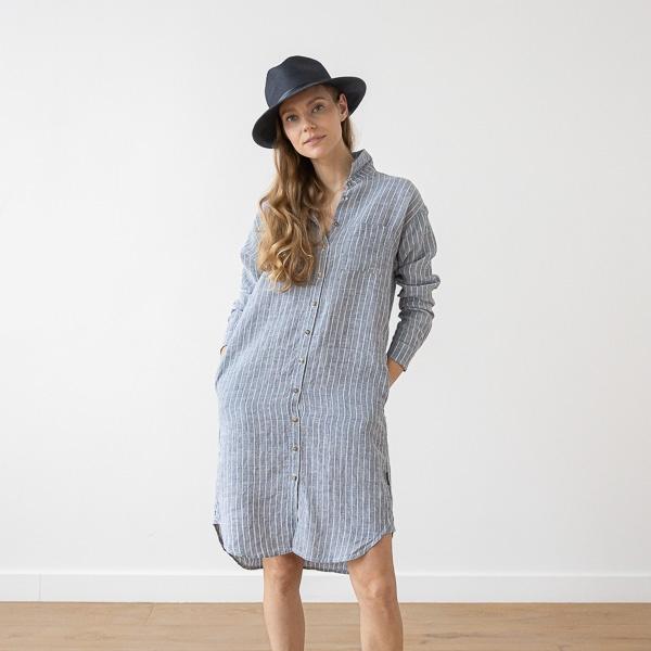 linenme Large Stripe Linen Shirt Dress Light Blue Paula