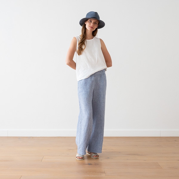 Linenme Light Blue Medium Stripe Linen Trousers Ruth