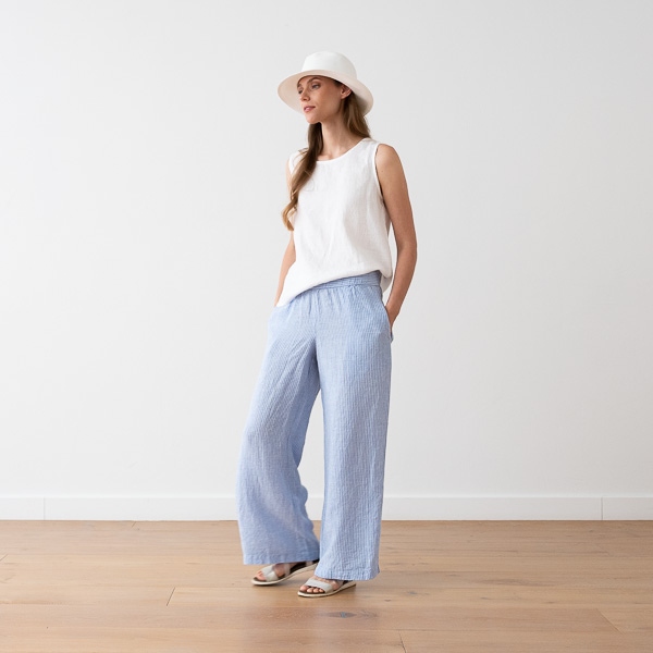 Linenme Light Blue Medium Stripe Linen Trousers Ruth