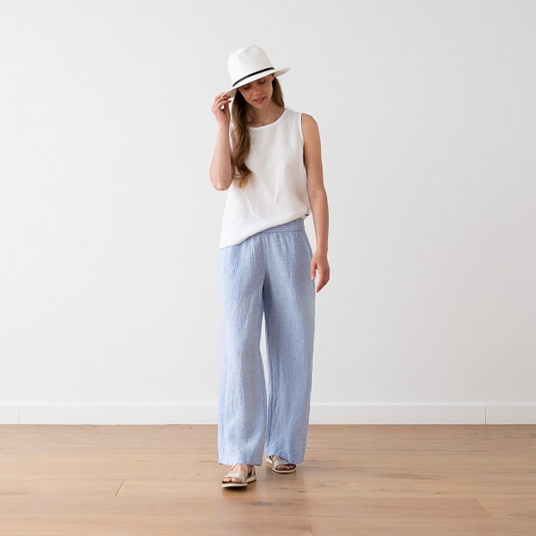 linenme Light Blue Medium Stripe Linen Trousers Ruth