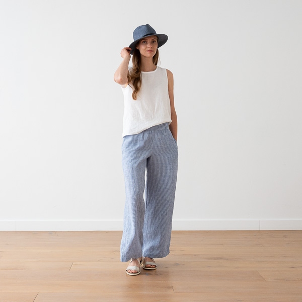 linenme Light Blue Medium Stripe Linen Trousers Ruth