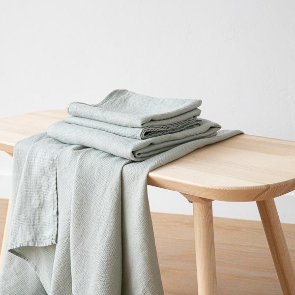 linenme Linen Bath and Hand Towels Set Waffle Sea Foam
