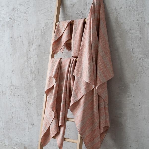 Linenme Linen Bath Towels Set Brick Natural Multistripe