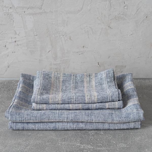 Linenme Linen Bath Towels Set Indigo Natural Multistripe