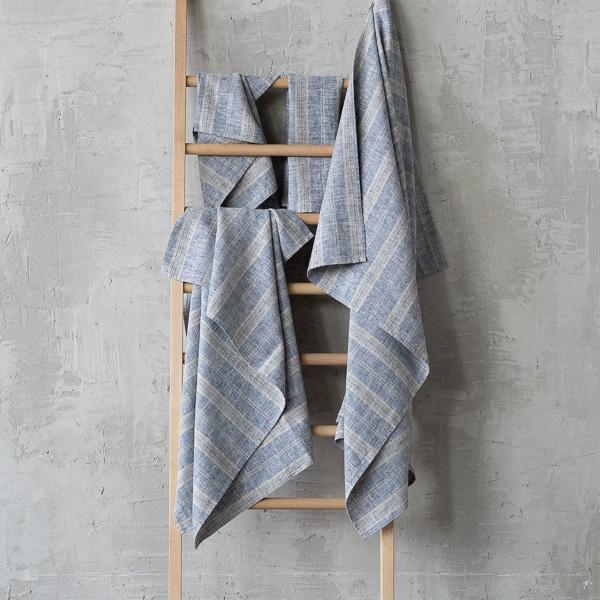 Linenme Linen Bath Towels Set Indigo Natural Multistripe
