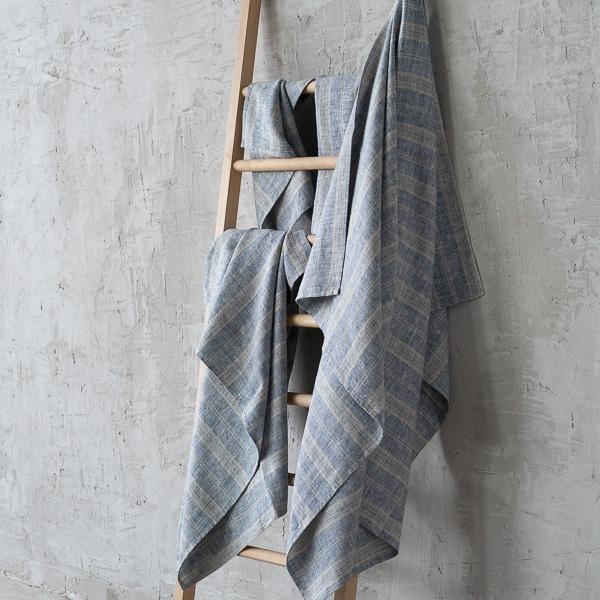 Linenme Linen Bath Towels Set Indigo Natural Multistripe