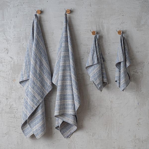 linenme Linen Bath Towels Set Indigo Natural Multistripe