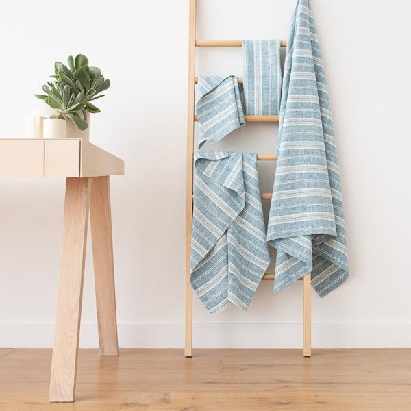 Linenme Linen Bath Towels Set Marine Blue Multistripe
