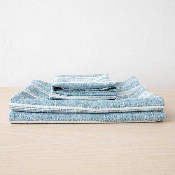 Linenme Linen Bath Towels Set Marine Blue Multistripe