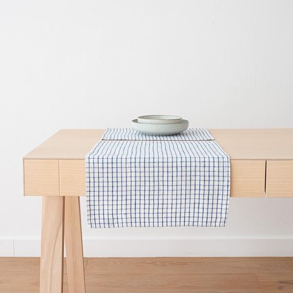 linenme Linen Placemat Graphic Check Off White Blue