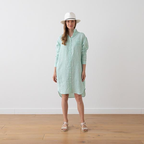 Linenme Linen Shirt Dress Stripe Emerald Green Paula