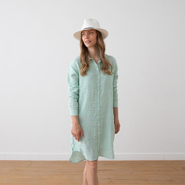 Linenme Linen Shirt Dress Stripe Emerald Green Paula